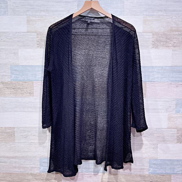 Eileen Fisher Hemp Blend Sheer Open Cardigan Black Italian Yarn Womens Small - Picture 1 of 7